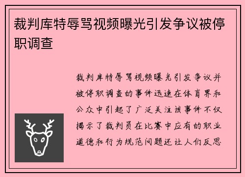 裁判库特辱骂视频曝光引发争议被停职调查